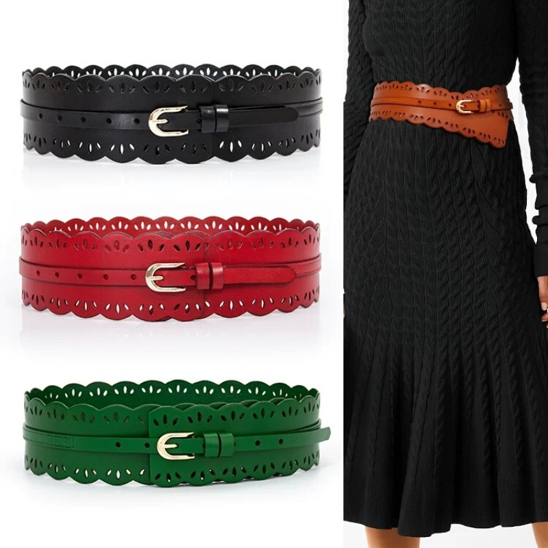 Ceinture large pour femme de 7 cm en cuir de vachette première couche, motif ajouré, boucle ardillon, accessoire de mode italien fait main