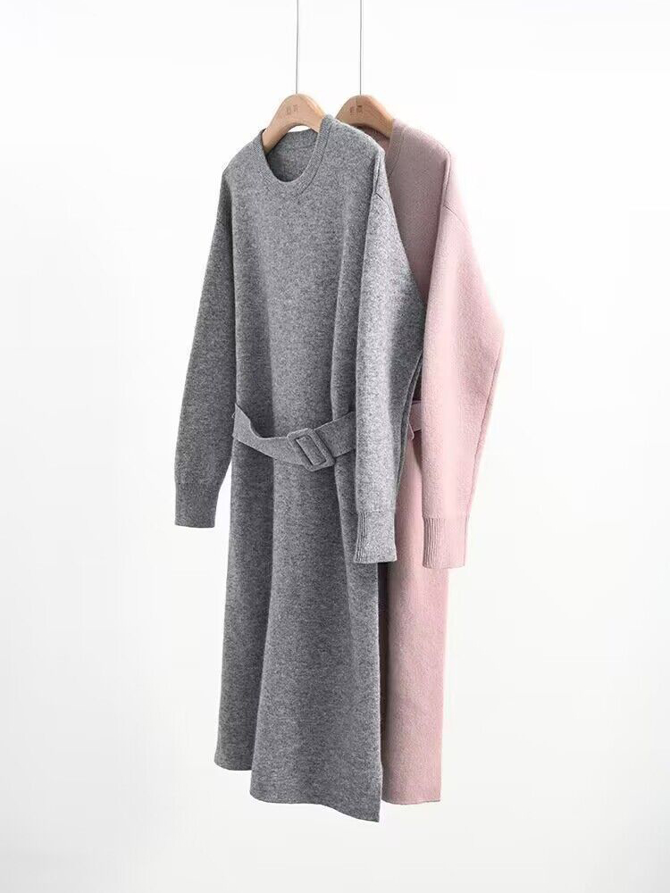 Robe tricotée mi-longue pour femmes, col rond, manches longues, tenue de soirée élégante, rose, gris, ligne a, pull, automne hiver 2023
