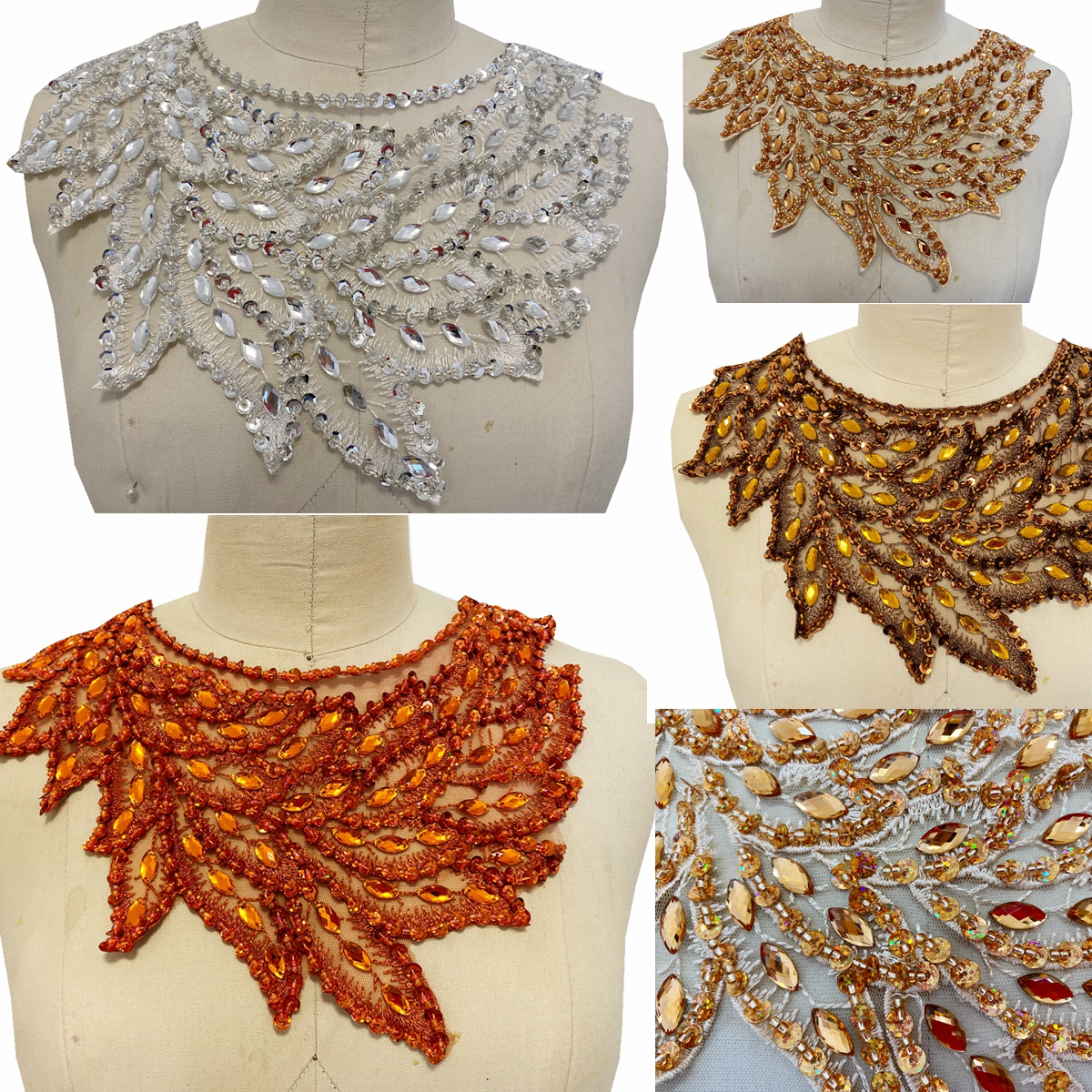Magnifique matériau en dentelle avec des appliques de diamants lourds et de paillettes perlées, divers pour robe arabe musulmane, accessoires de décoration pour décolleté