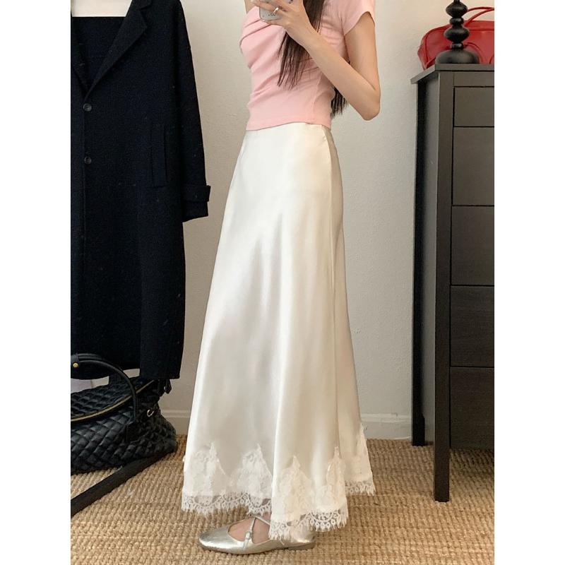 Jupes longues élégantes pour femmes, taille haute, dentelle, Satin, ligne a, mode coréenne, couleur unie, jupe ample pour femmes, été
