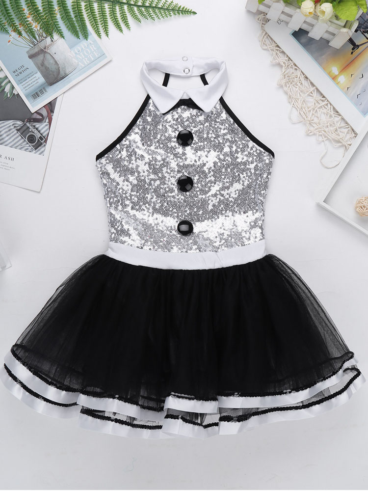 Robe Tutu de Ballet de smoking avec nœud papillon pour enfants filles, tenue de bal féerique, col licou, justaucorps à paillettes, Costume de danse moderne de Jazz latin