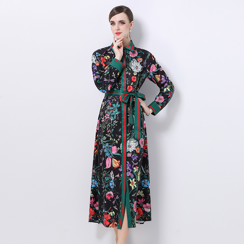 Robe chemise à manches longues pour femmes, col rabattu, simple boutonnage, imprimé Floral, à lacets, ample, vacances, Maxi, printemps