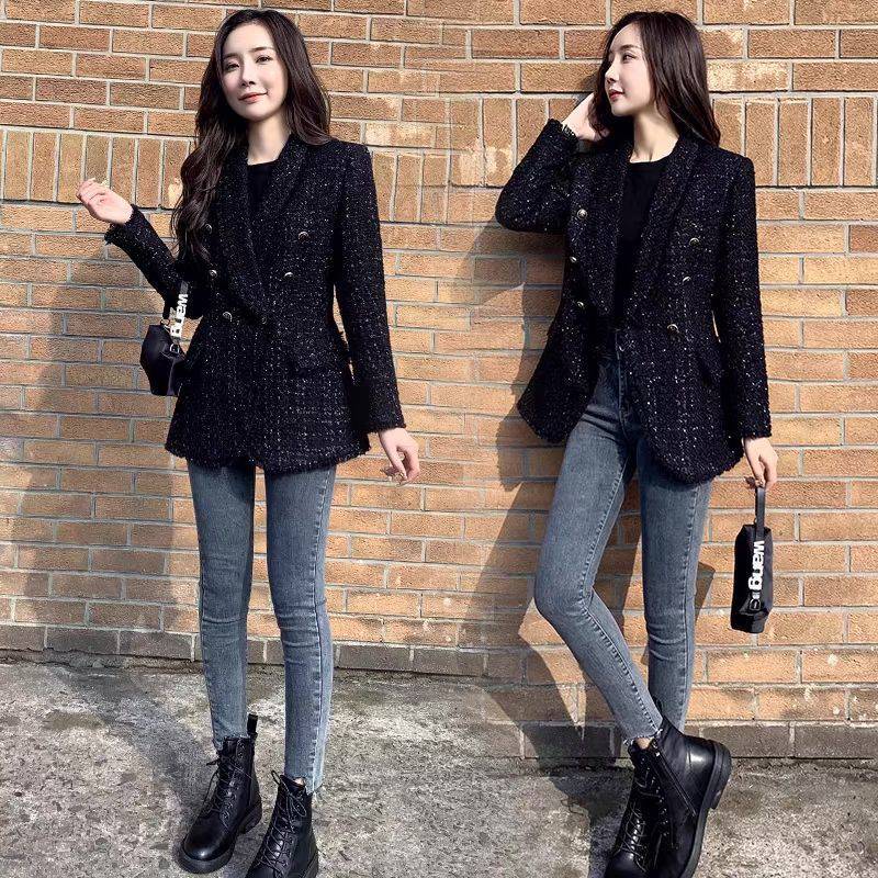 Blazer Croisé Noir en Tweed pour Femme, Manteau Vintage à Manches sulf, Poches à Rabat, Chic, à la Mode, Hiver