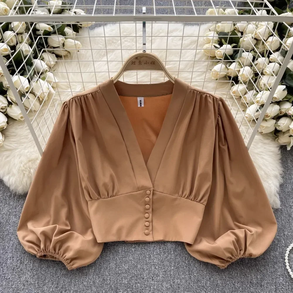Chemises françaises Chic et élégantes pour femmes, col en v, manches longues bouffantes, chemisier pliable, polyvalent, ventre nu, hauts pour dames, livraison directe