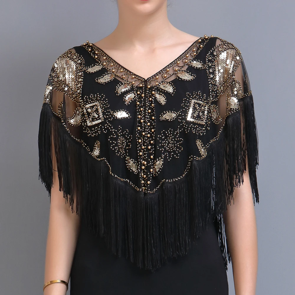 Châle à paillettes pour femme style années 20 avec franges perlées, en maille transparente, boléro Gatsby, cape de soirée