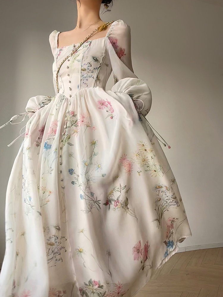 Robe Midi Florale Élégante Française en Mousseline à Manches Longues pour Soirée, Robe de Plage Féerique Une Pièce pour Femme, Style Coréen Été 2026