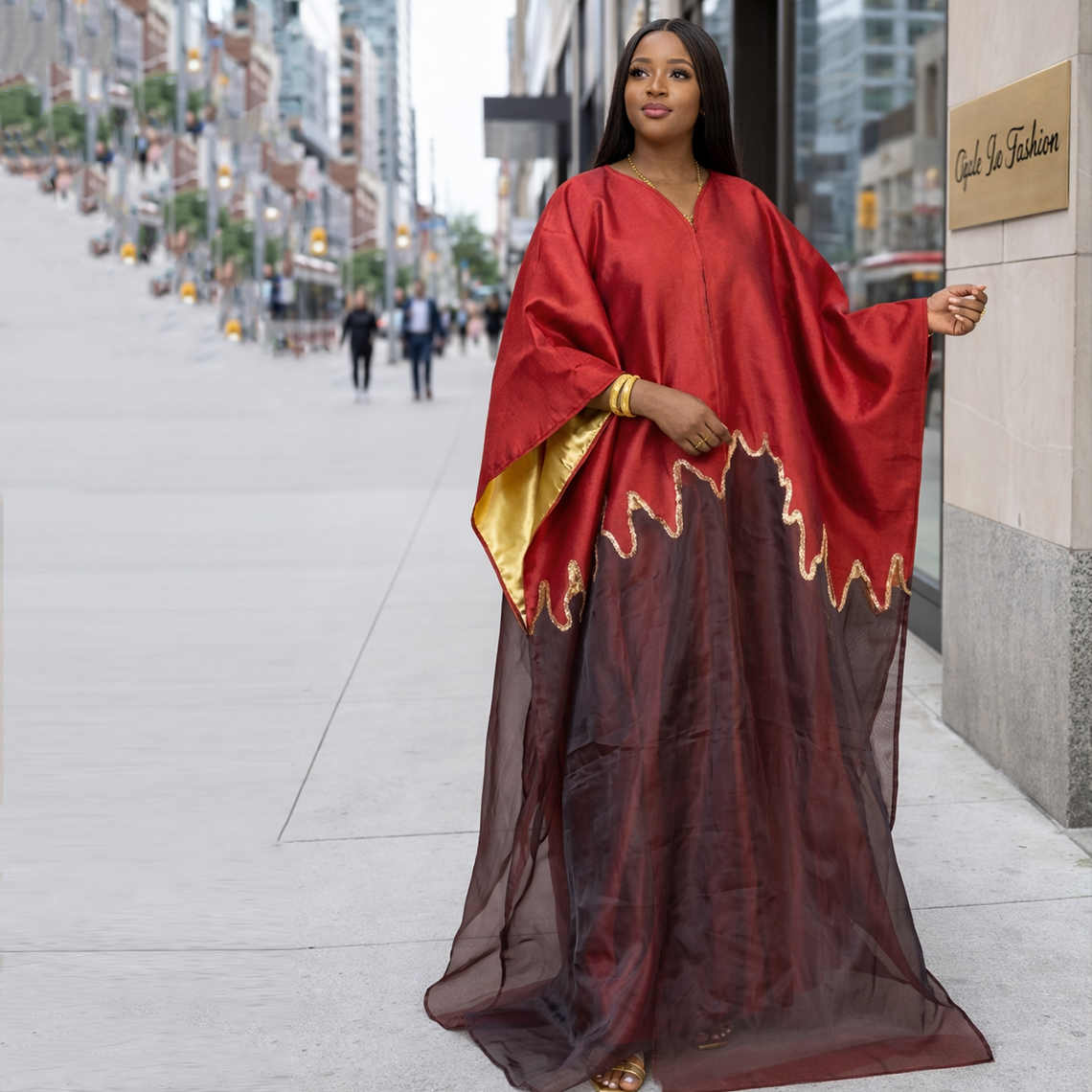 Robe longue de mariée africaine Dashiki Nigéria rouge en brocart du Moyen-Orient, design unique, 2 pièces, avec doublure à bretelles et détails en maille