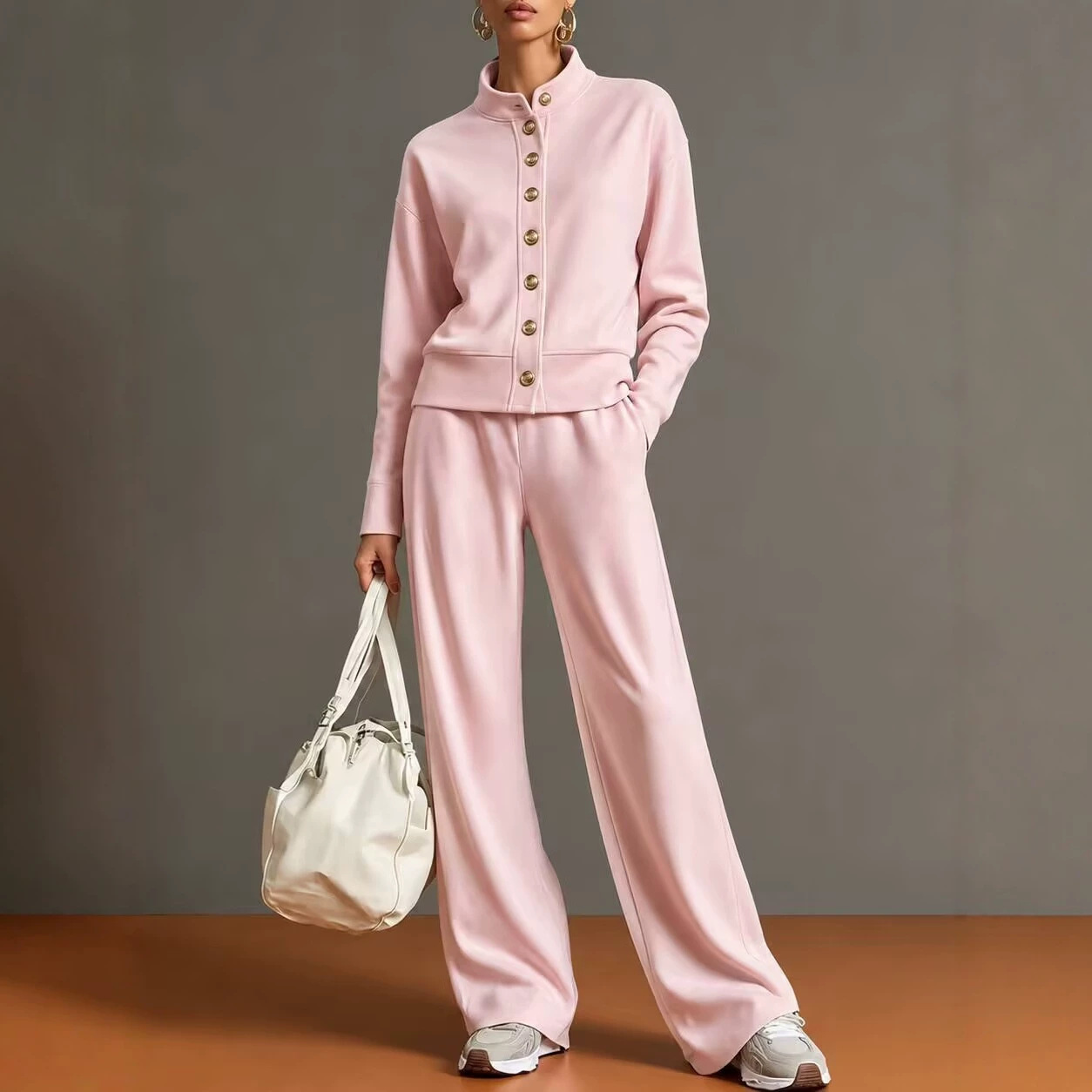 Ensemble 2 pièces pour femmes : veste courte à col montant et boutons sur le devant, hauts à manches longues, pantalon à jambes larges et taille élastique, ensemble uni et décontracté.