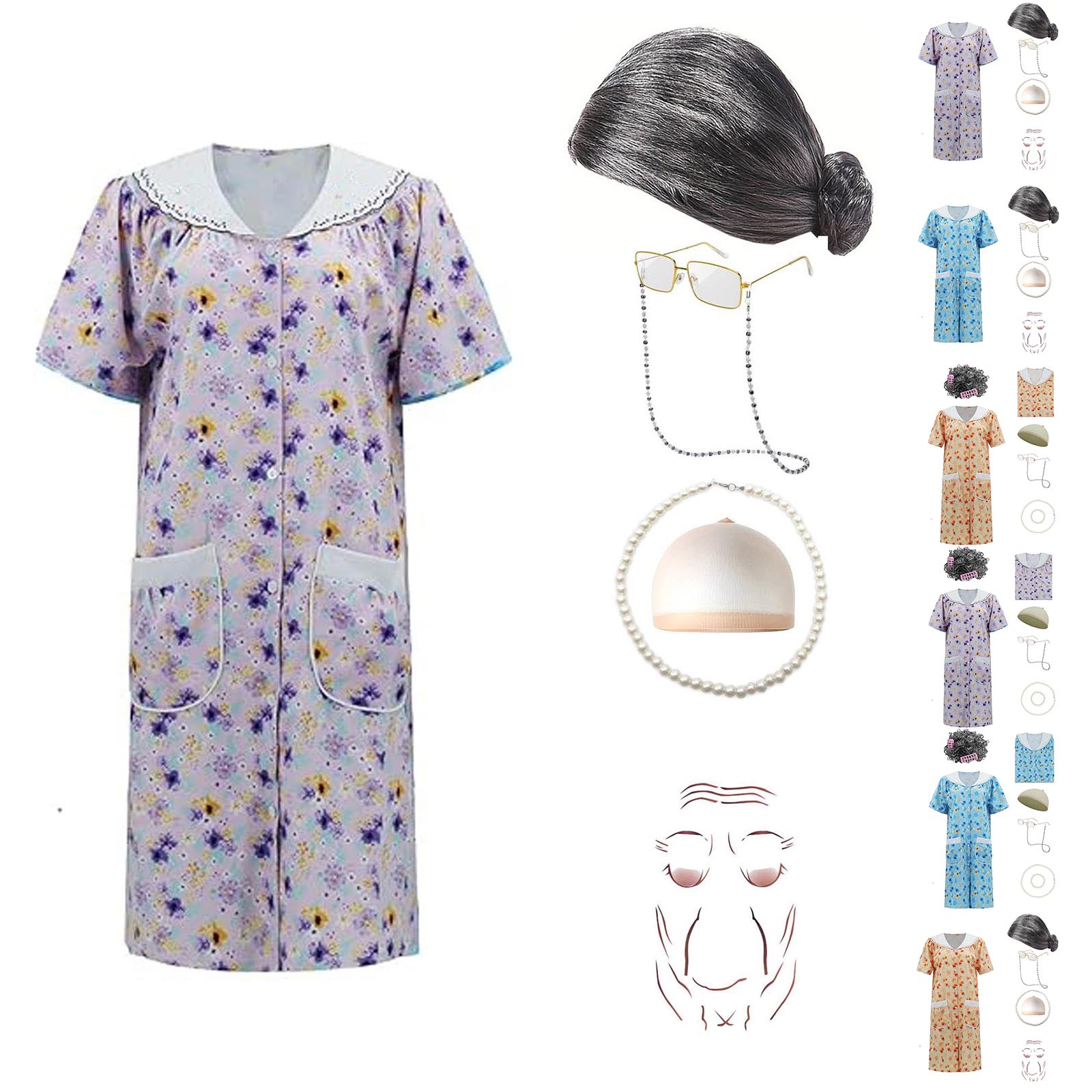 Costume de grand-mère pour la rentrée scolaire des femmes, tenue de spectacle pour Halloween, ensemble robe et chemise de nuit pour femme âgée