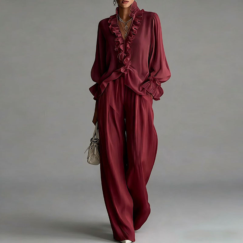 Ensemble décontracté blanc 2 pièces pour femme, chemisier sexy à volants col en V manches longues et pantalon large, tenue bohème printemps-été