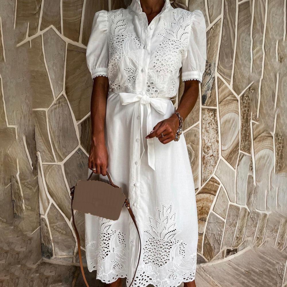 2025 femmes robe évider broderie simple boutonnage grand ourlet à lacets grand ourlet Maxi robe cheville longueur femmes plage robe d'été
