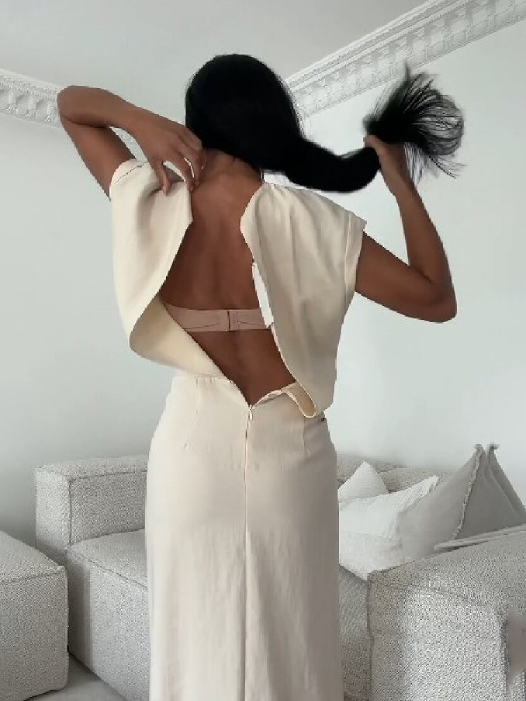 Robe midi élégante beige à manches courtes pour femme, col rond chic, taille froncée, volants, fente haute, robe décontractée, robe de soirée formelle pour le bureau
