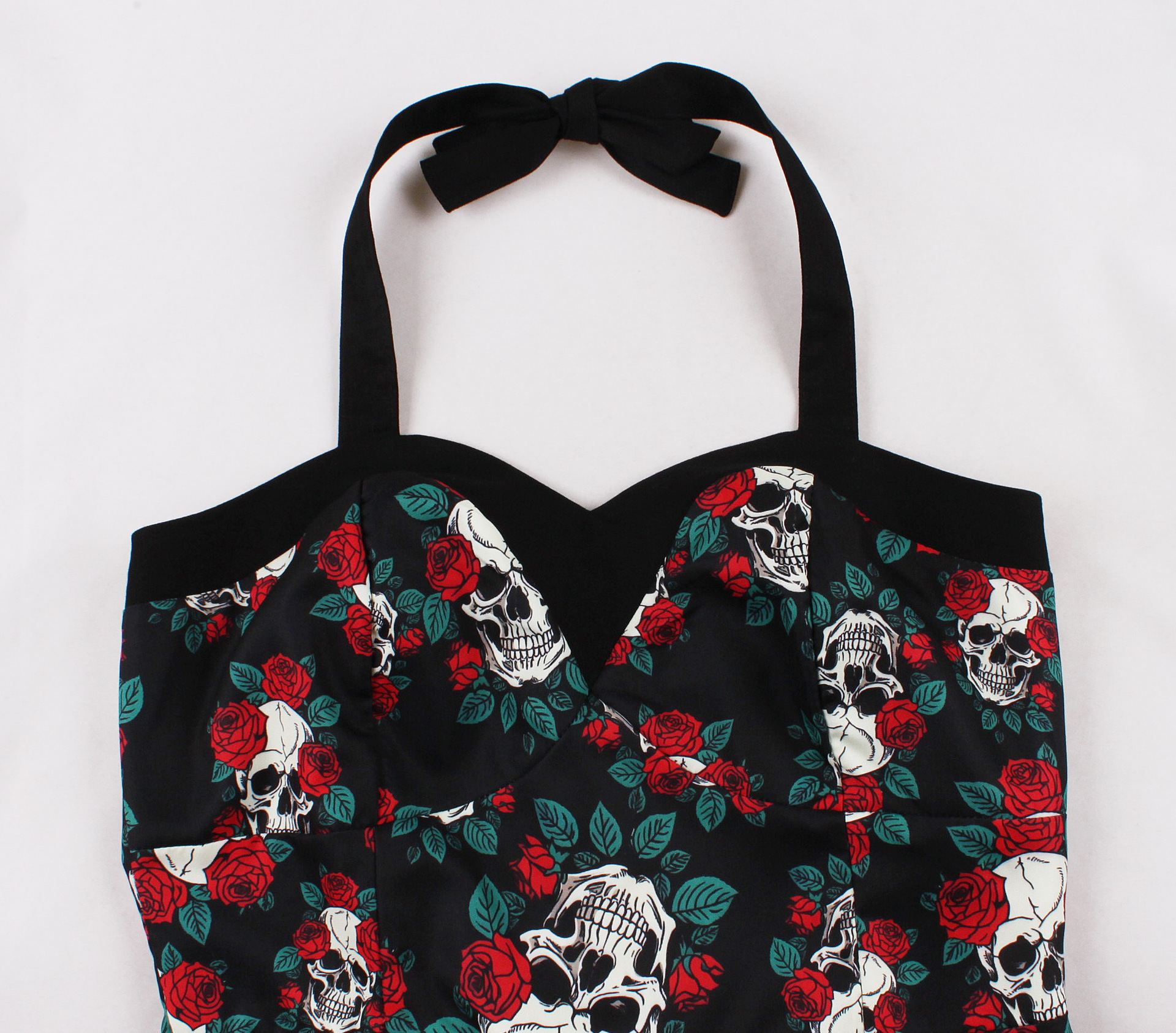 Robe de soirée d'halloween pour femmes, col licou, Bandage, imprimé Floral, crâne, rétro, simple boutonnage, ceinturée, Vintage