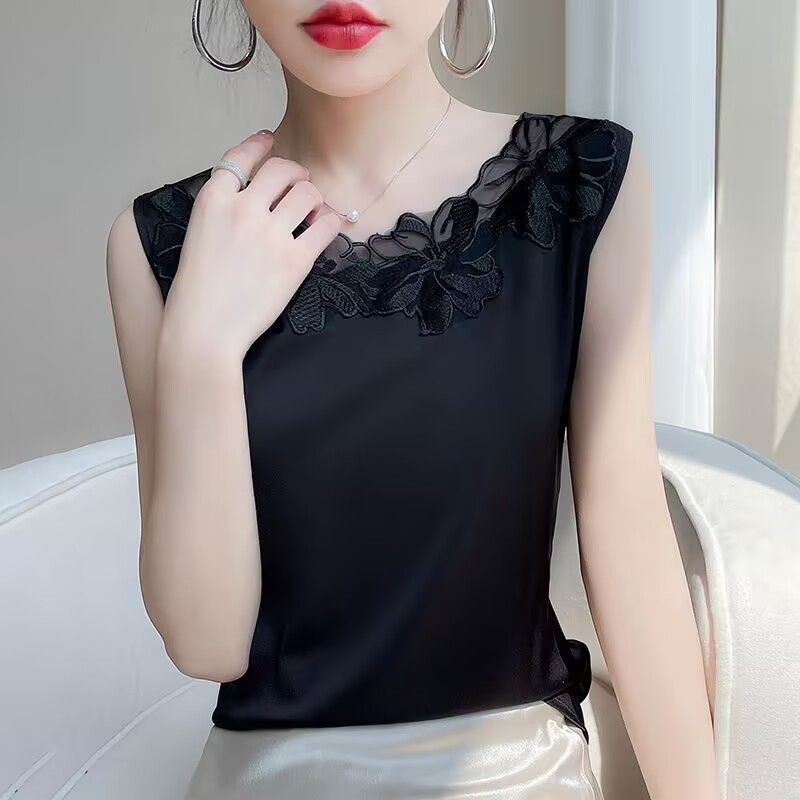 Camisole en dentelle respirante en soie, costume ample en Satin, haut sans manches sans col, gilet d'épissure