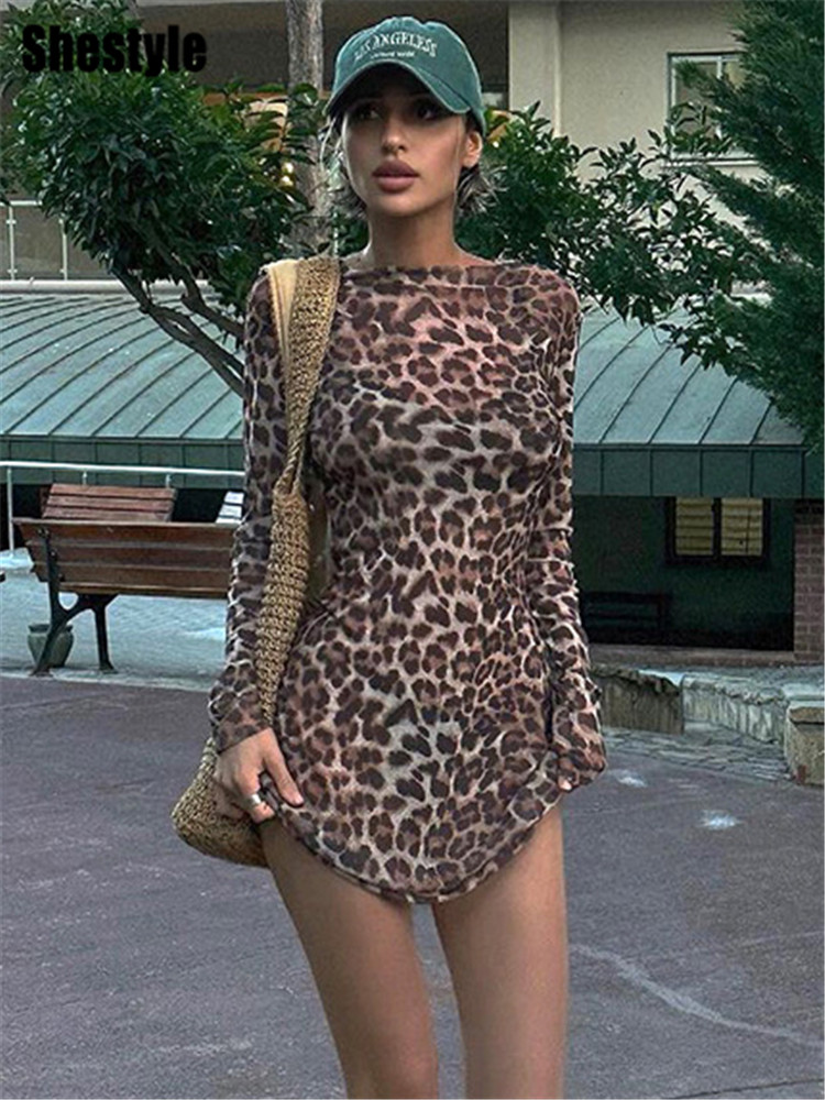 ShKouLeopard-Robe trapèze sexy pour femme, maille transparente, imprimé animal, mode extrêmement chaude, rue haute, ensemble 2 pièces