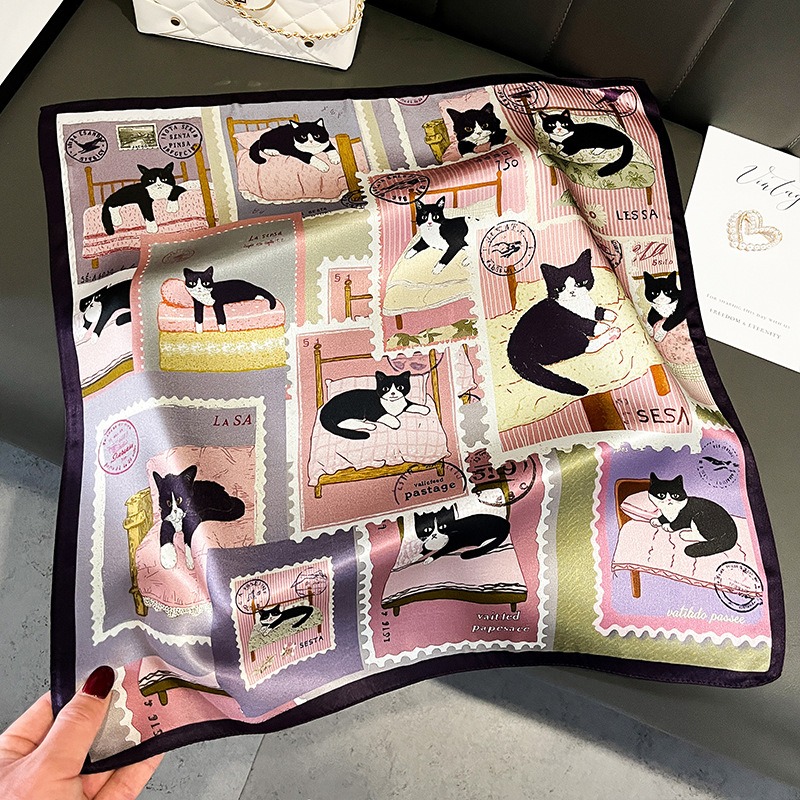 Foulard carré 100% Soie de Mûrier pour Femme, imprimé chats mignons, écharpe de cou, bandeau de tête, bandana, mouchoir