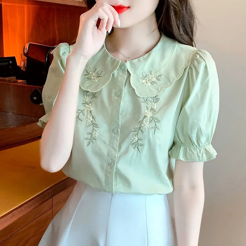 Chemisier Brodé à Manches Courtes pour Femme, Chemise Confortable, Solide, Document Polyvalent, Tempérament, Collection Printemps Été 2025