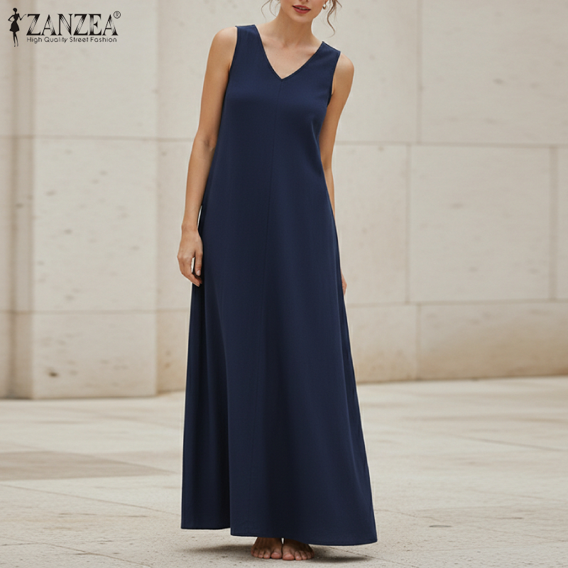 ZANZEA Robes amples en coton pour femmes, grande taille 5XL, décontractées, sans manches, col en V, couleur unie, style A-line, pour l'été et la plage