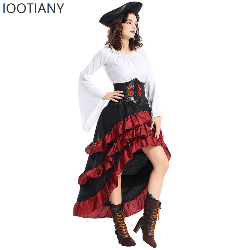 Tenue de Reine Pirate de Style Médiéval, Robe Longue Vintage à Volants et Corset Irrégulier, Parfaite pour le Cosplay de Navigatrice 2026