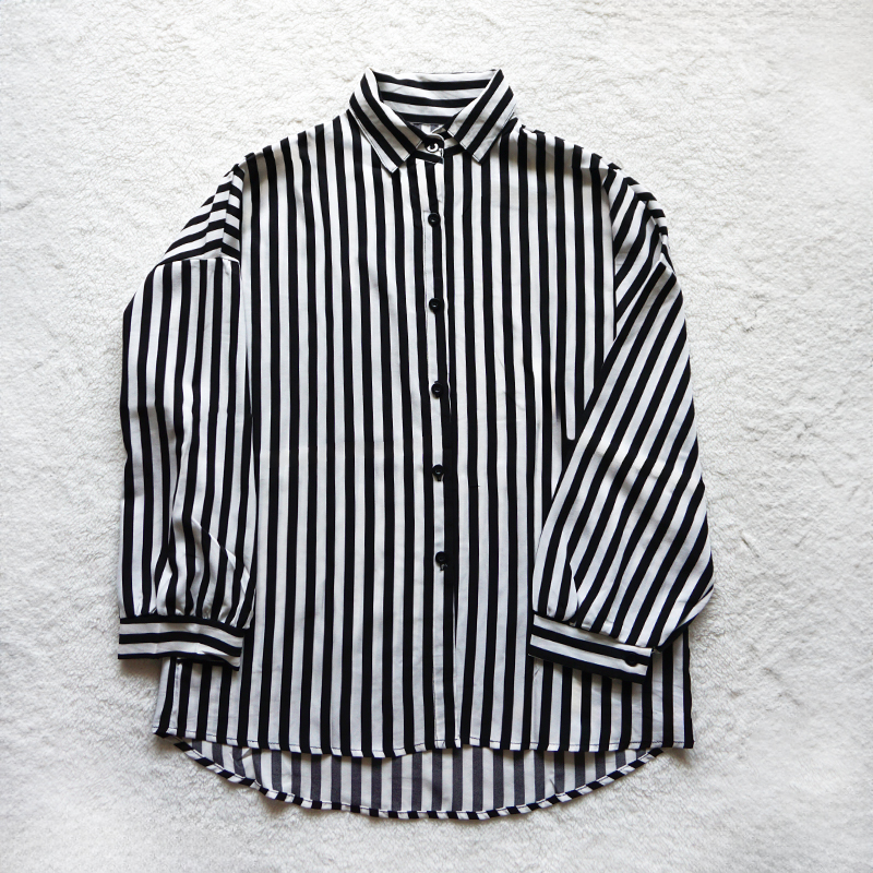 Femmes chemise noir et blanc rayé boutonné à manches longues surdimensionné petit ami Blouse hauts blusas para mujer tenue