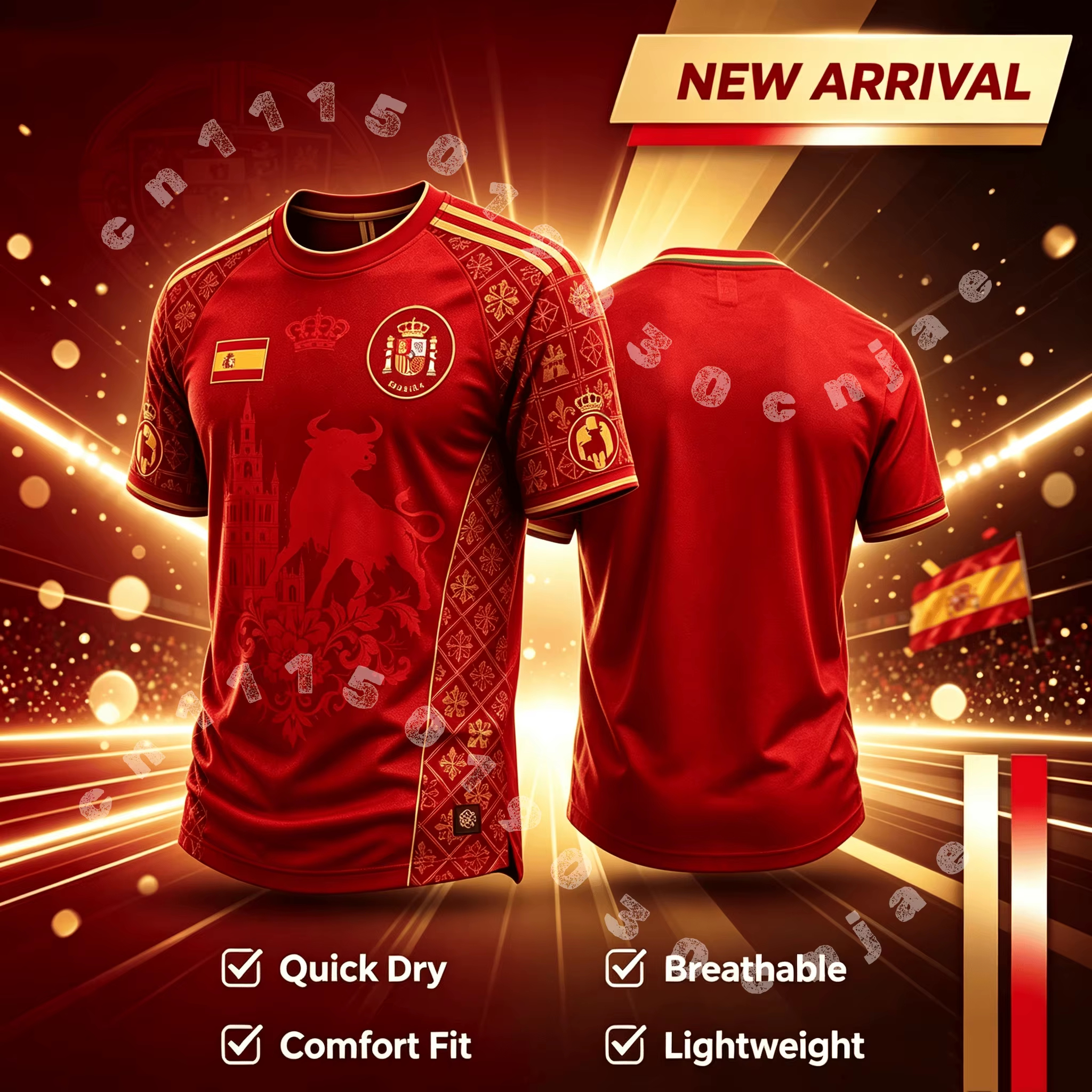 Maillot de football à séchage rapide pour hommes, T-shirt de sport à manches courtes pour fans de football, imprimé en relief Red Spain Golden Bull Cathedral
