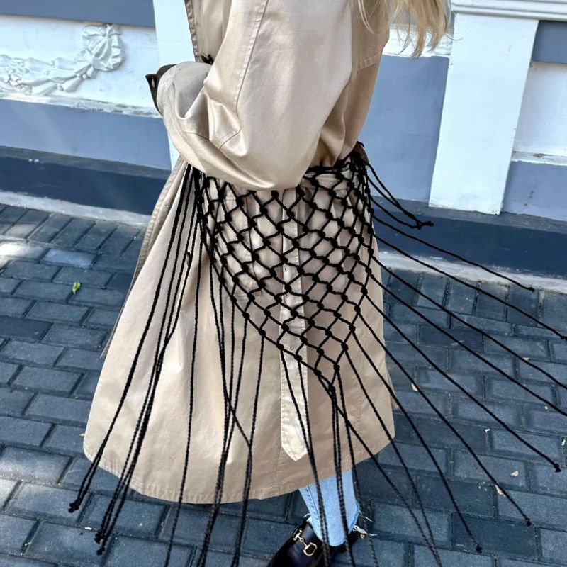 Jupe de plage sexy en filet à franges, tissée à la main, avec pompons décoratifs, style bohème, écharpe, châle, ceinture de taille