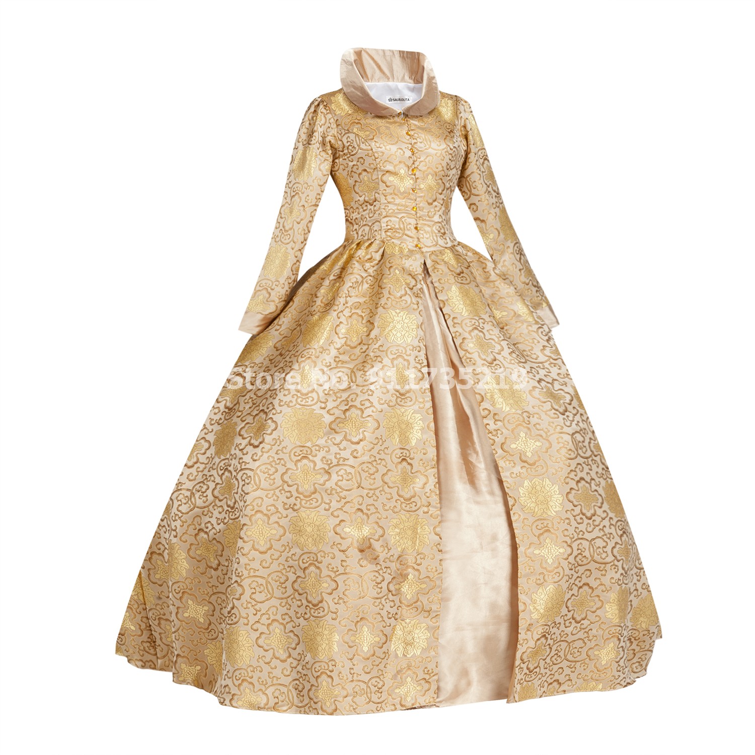 Robe de princesse médiévale imprimée florale dorée, brocart de la reine Elizabeth Tudor, robe de bal gothique victorienne, costume de théâtre