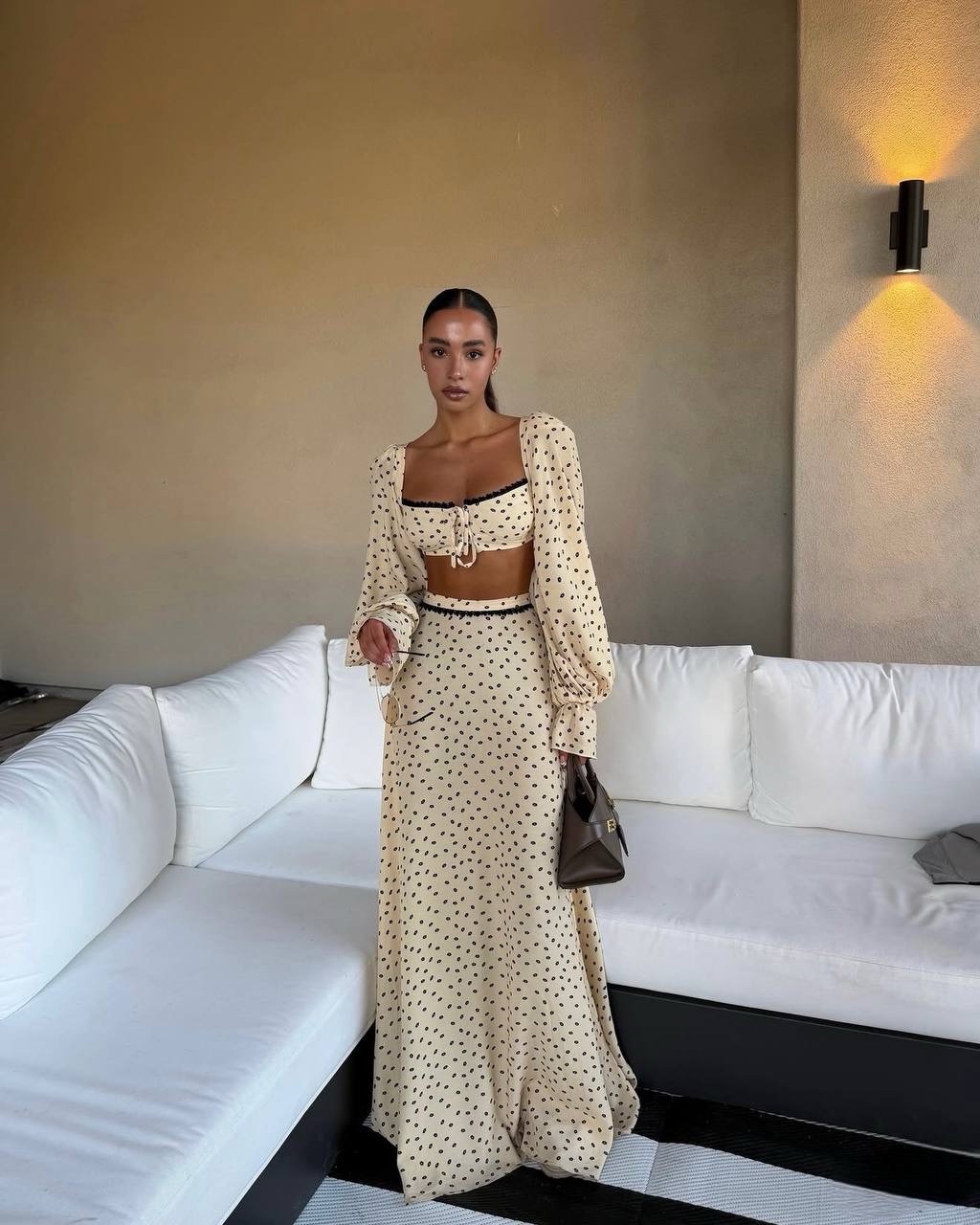 Ensemble jupe et débardeur sexy à pois pour femme, hauts à manches longues lanternes et jupes trompette évasées, tenue de plage printemps-été 2026