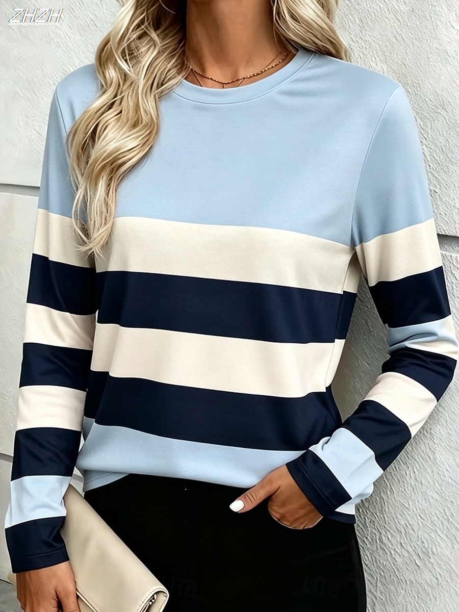 T-shirt pour femme à imprimé graphique rayé, mode classique décontractée, manches longues, col rond, coupe régulière, pour le quotidien, le week-end, le printemps et l'automne