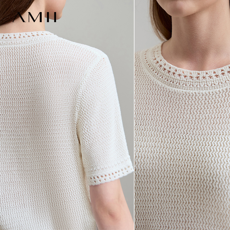 AMII Minimalism Loose Tops Fashion O-Neck Short Sleeve Comfortable Ventilate Green Knitted Sweater Women Clothing 12552106