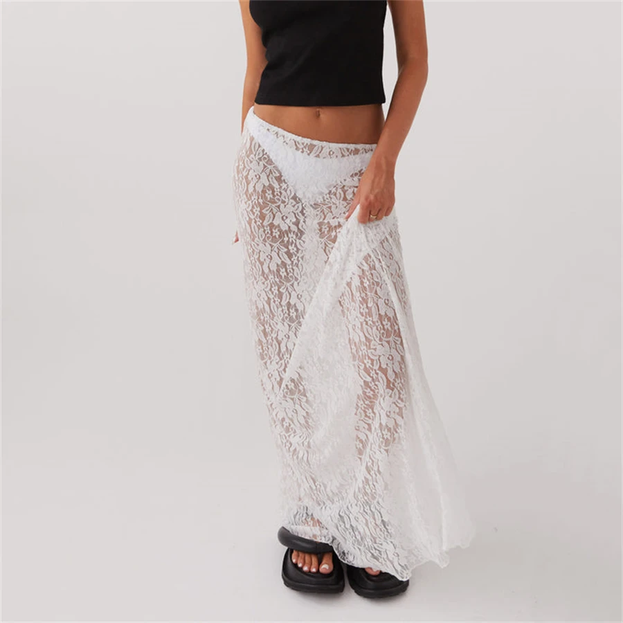 Jupe longue en dentelle pour femme, taille basse, ligne A, midi, élégante, soirée sur la plage, été, Y2K