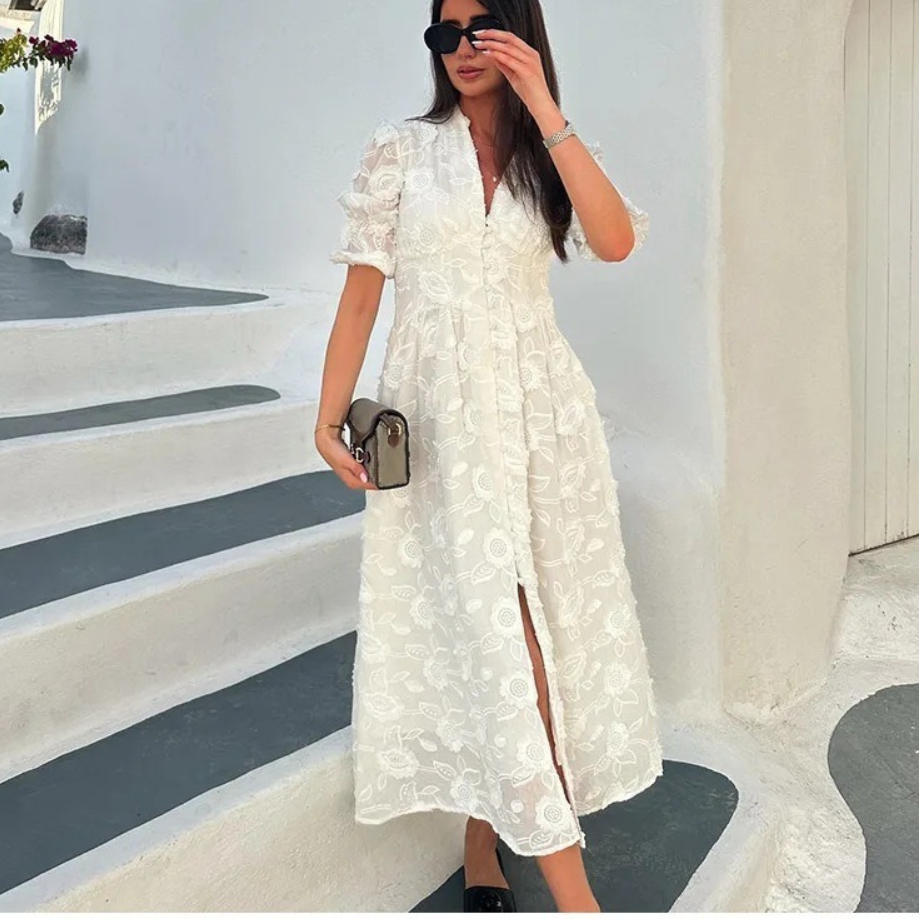 Vintage femmes robes 3D fleur broderie Boho plage vacances Robe longue manches bouffantes Robe décontracté élégant été printemps robes