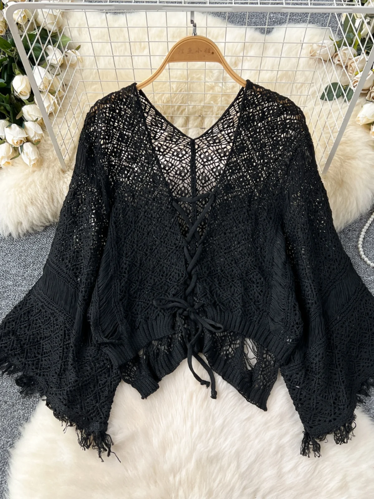 Cardigans de plage Boho pour femmes, Cardigan tricoté ajouré au Crochet, haut court à lacets, manteau à manches longues, livraison directe