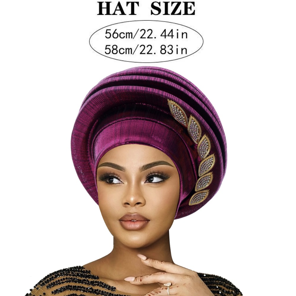 Turban Béret Spirale Léger et Respirant avec Motifs Feuilles et Diamants, Style Luxe Africain, Coiffe Nigériane pour Femme