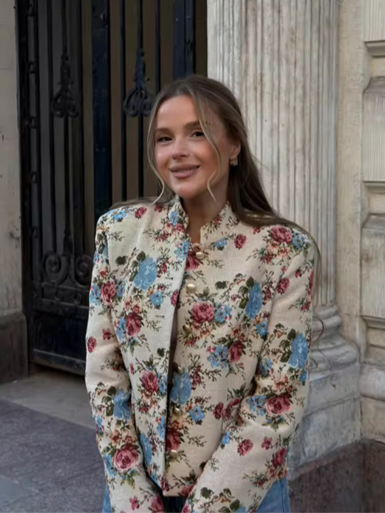 Ensemble jupe imprimée vintage pour femme, chic, col montant, manteau à manches longues à simple boutonnage, jupe mini ajustée, tenue de ville pour femme 2026