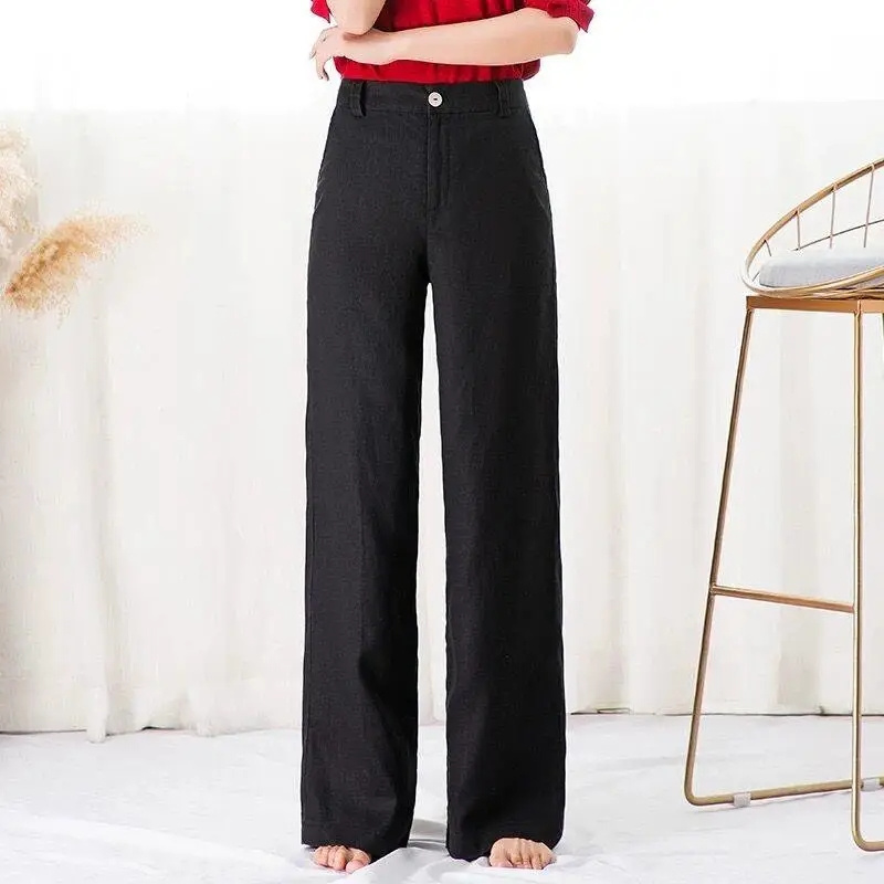 Pantalon en lin taille haute élastique pour femme, pantalon long, jambe droite, monochrome, coton, jambe large, document, vêtements d'été