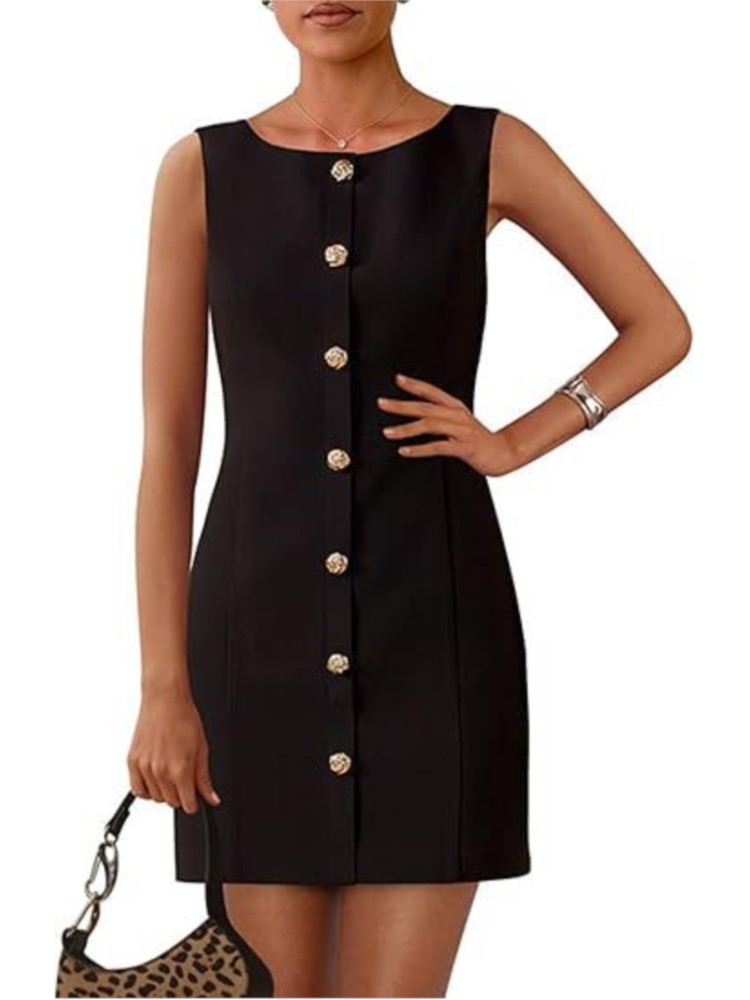 Robe de bureau élégante pour femmes, couleur unie, col rond, sans manches, boutons, Mini robes décontractées, vêtements d'été pour femmes, nouvelle collection