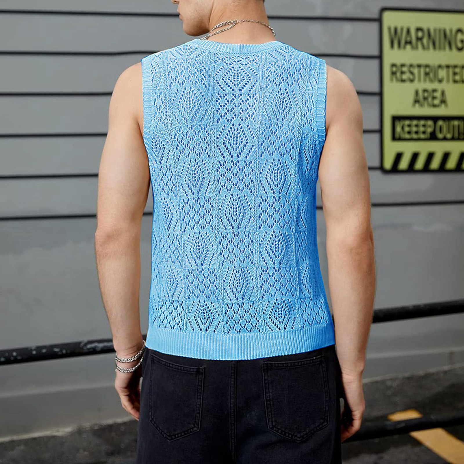 Hauts de plage pour hommes, gilet tricoté ajouré, col rond, sans manches, vêtements masculins avec dessins, Camiseta Sin Mangas Hombre