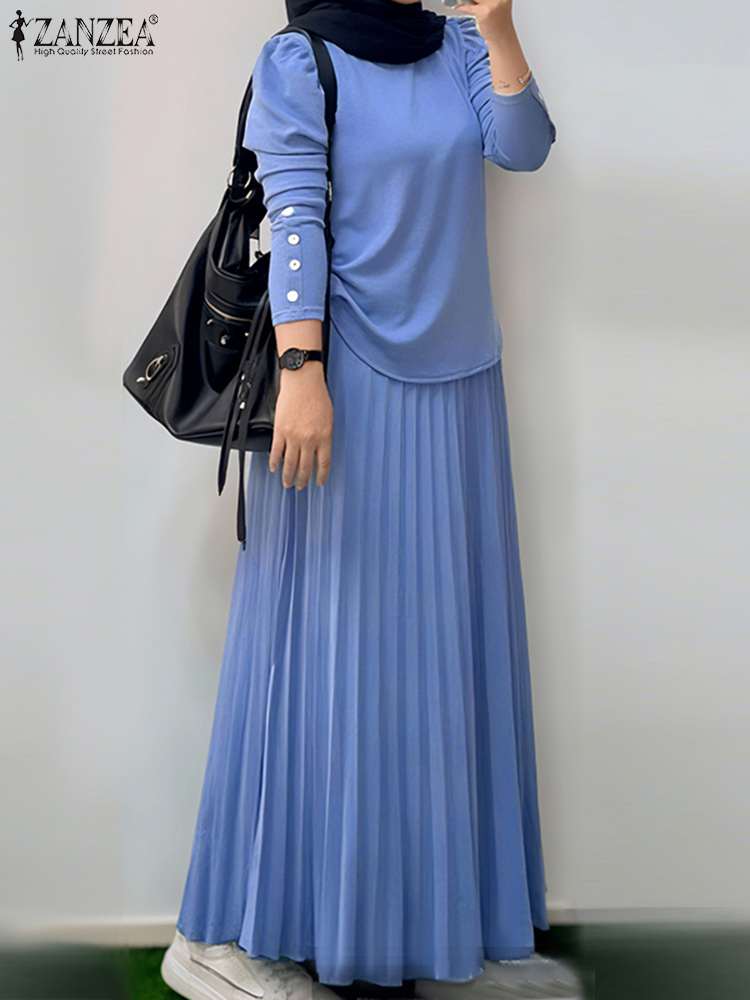 ZANZEA musulman Hijabi 2 pièces ensembles jupes Maxi plissées et chemisiers froncés à manches longues 2 pièces costumes tenues modestes islamiques 4 couleurs