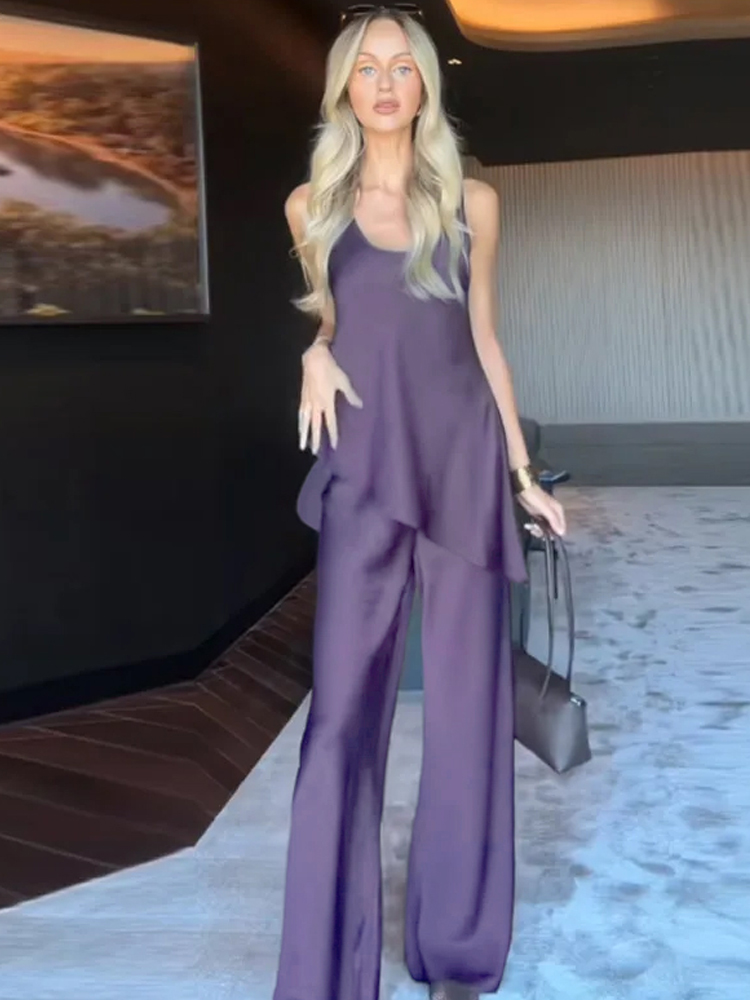 Ensemble élégant de gilet et pantalon en satin pour femme, col rond, sans manches, ourlet irrégulier, haut et pantalon large, collection été 2026, tenue de vacances pour femme