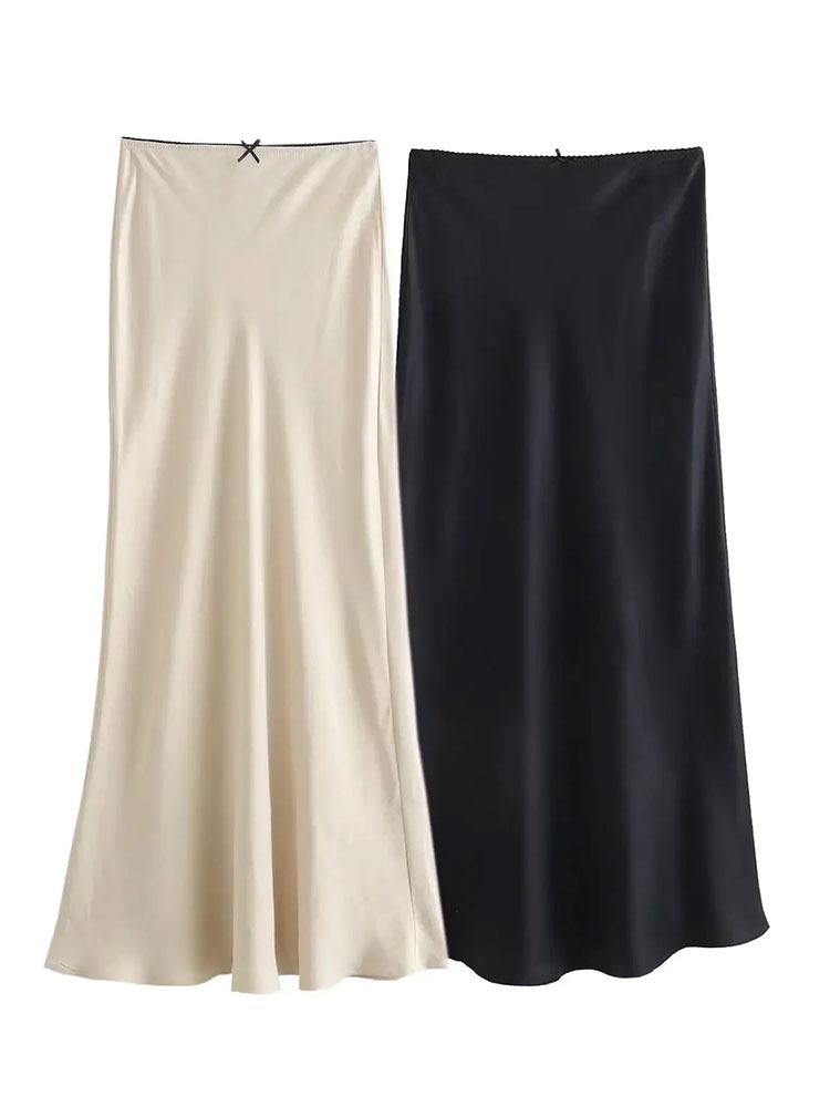 Jupe longue slim en satin pour femme HH, taille haute avec nœud, taille élastiquée, idéale pour les sorties en ville, les vacances, la plage, la mode décontractée et le style urbain.