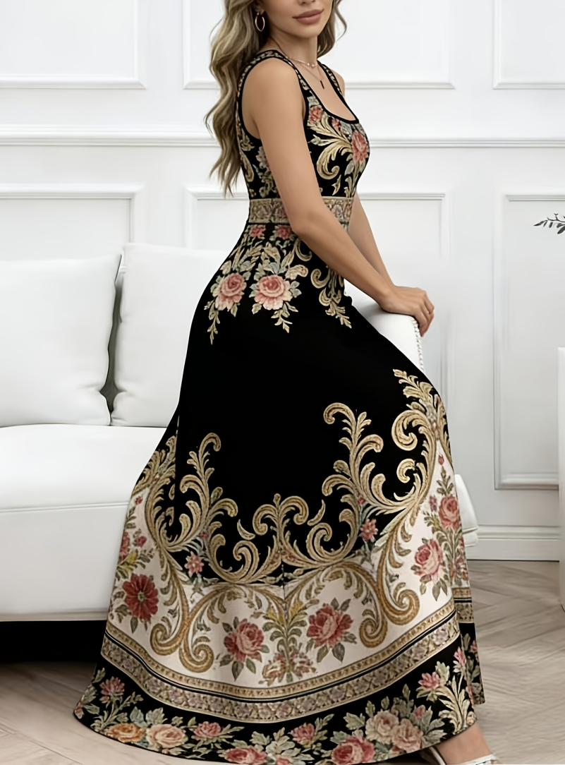 Robe longue sans manches à col carré et imprimé floral baroque vintage pour femme