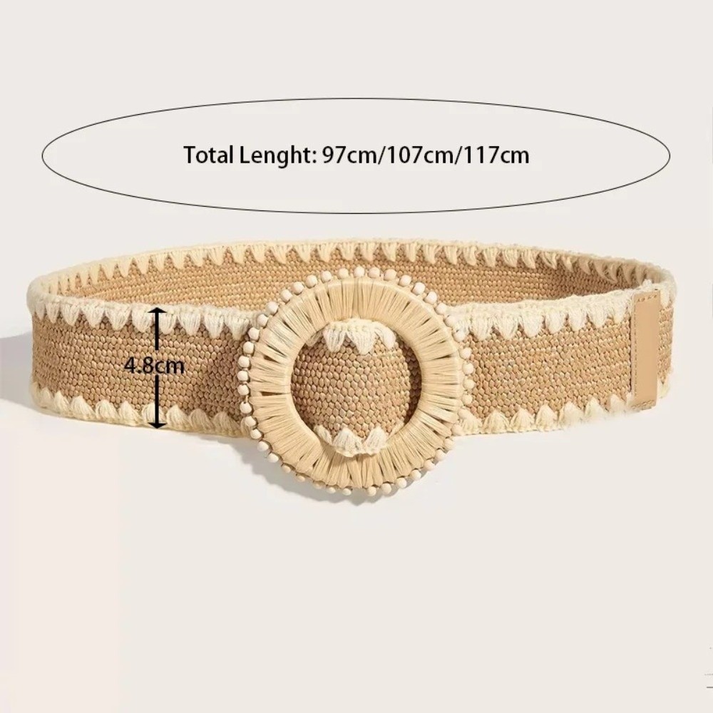 Ceinture de taille tendance à boucle ronde, ceinture en paille bohème, ceinture tissée bohème avec boucle elliptique et perles décoratives pour femme, idéale pour la plage et les vacances