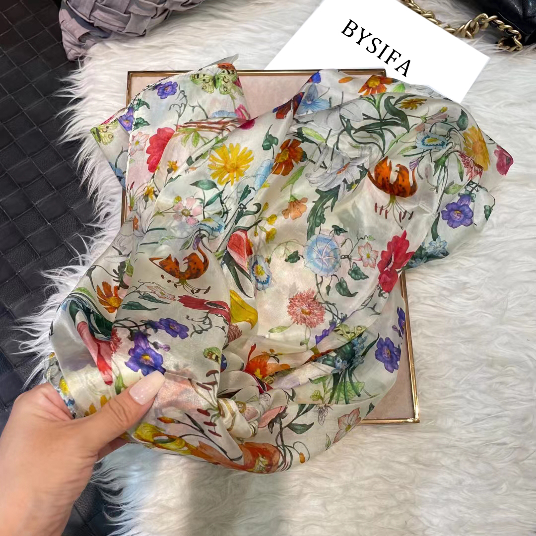 Écharpe en soie 100% blanche pour femmes, foulards, châles de plage d'été, foulards longs pour le cou, hijabs, motif floral, collection automne-hiver