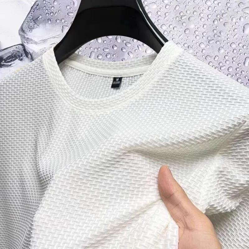 Été glace soie haut de gamme couleur unie haute qualité à manches courtes t-shirts hommes respirant mode T-Shirt mâle marque vêtements 5XL