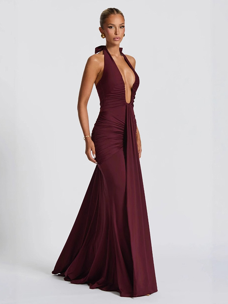 Col en V profond drapé froncé Sexy robe Maxi femmes mode d'été licou sans manches dos nu Club fête longue robe élégante