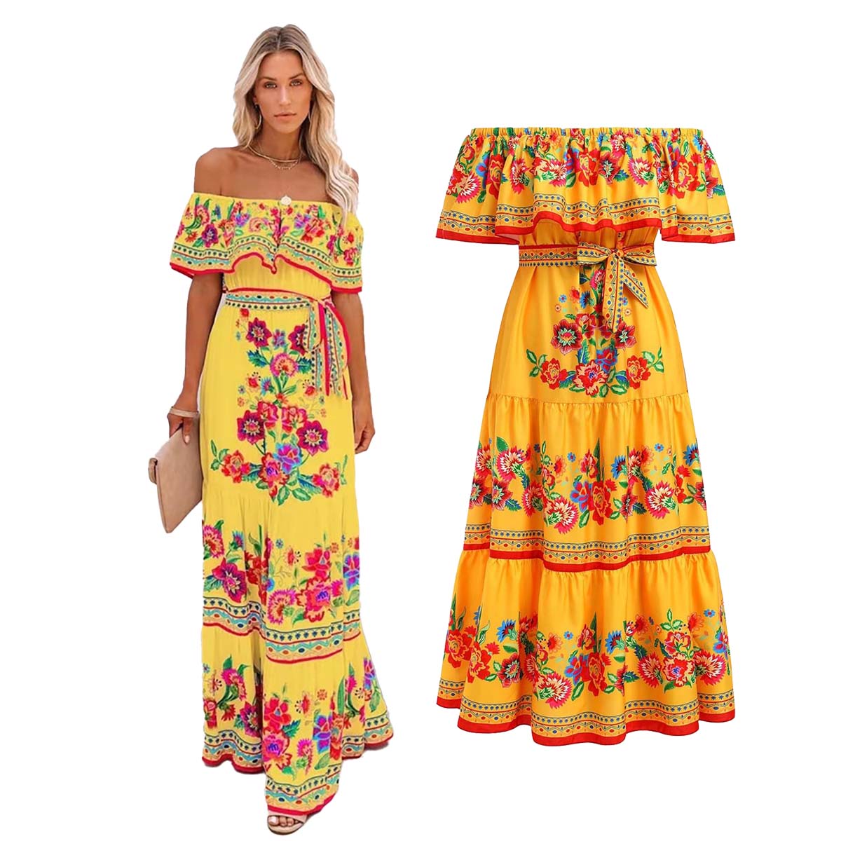 Robe traditionnelle ethnique à imprimé floral pour femmes, tenue mexicaine, vêtements de fête, vacances à la plage