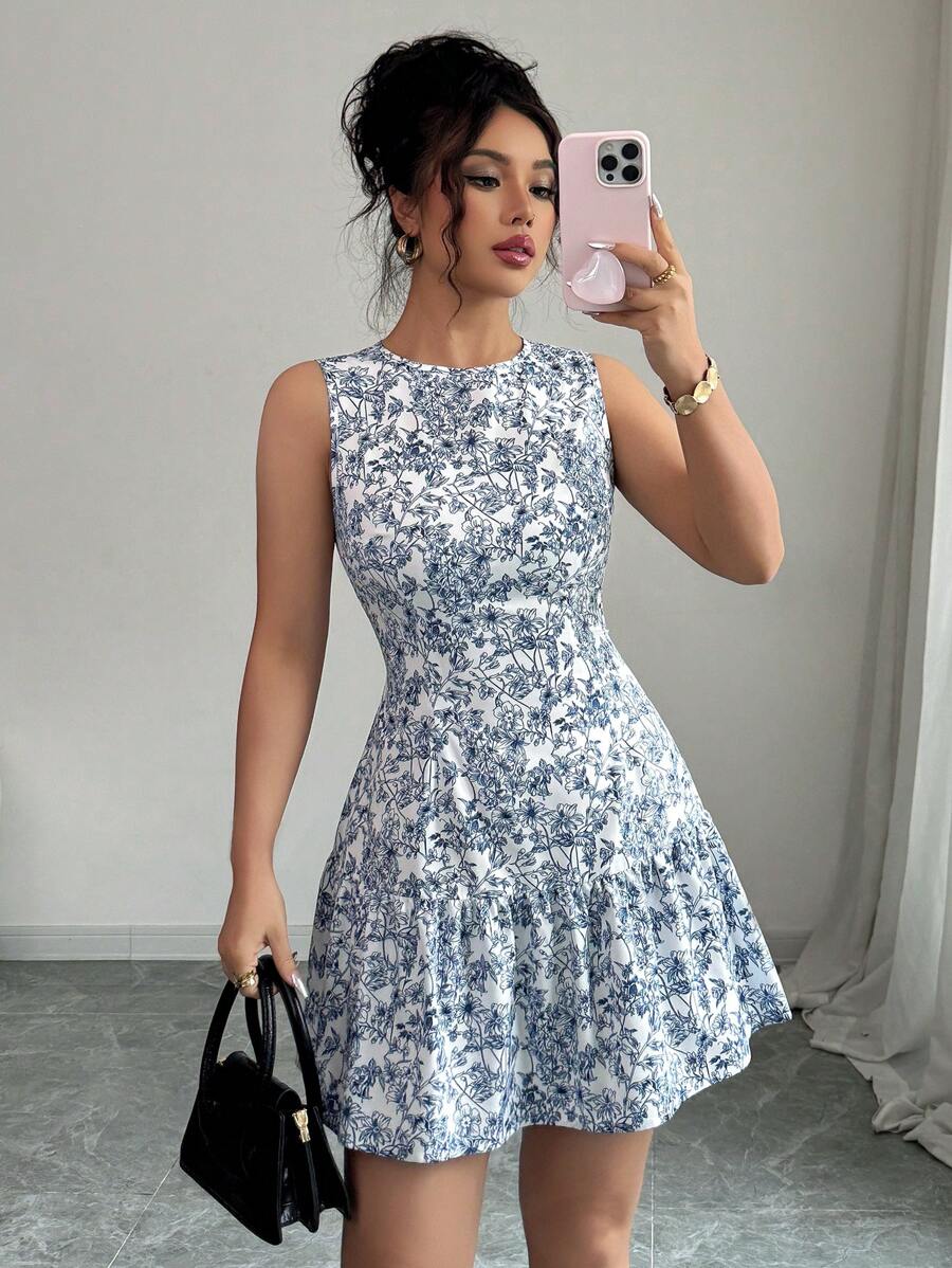Robe florale bleue et blanche de style bohème et français pour le printemps/été, sans manches avec col rond