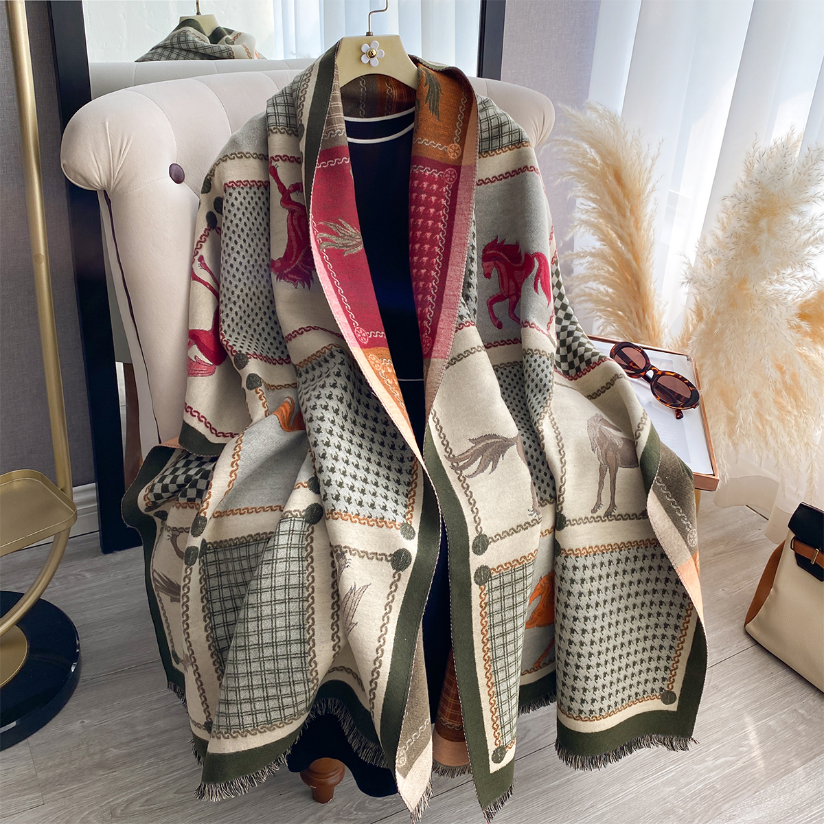 Écharpe imprimée cheval double face en Imitation cachemire pour femme, châle Pashmina doux et chaud, couverture coupe-vent résistante au froid, nouvelle collection automne hiver