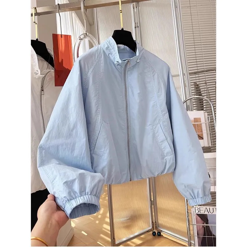 Manteau court blanc pour femme, nouvelle collection Printemps-Automne 2026, vêtement de protection solaire fin, veste décontractée à col montant avec fermeture éclair pour femme